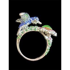 Rhinestone Hummingbird Flower 3D Sparkle Ring Silvertone Sz 6 whimsy fairy